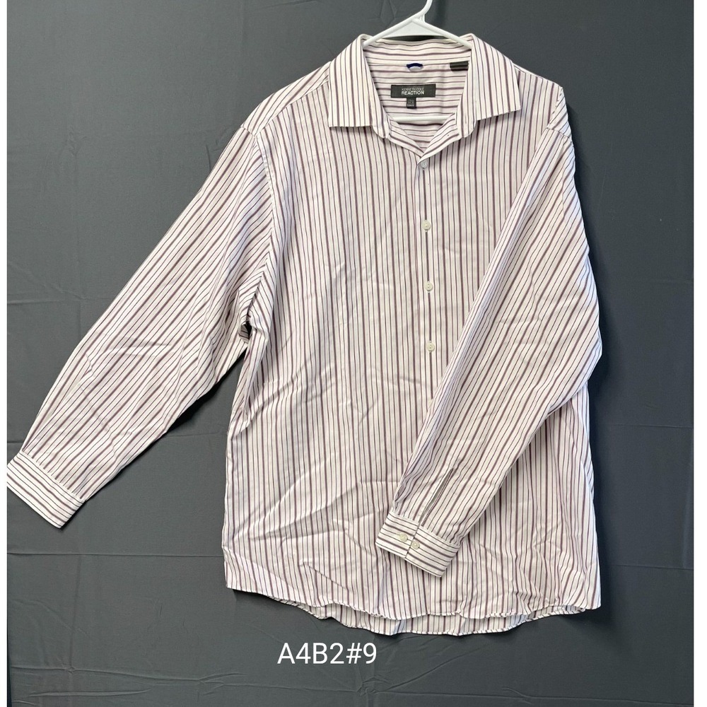 Kenneth Cole Reaction Dress Shirt Mens 17.5 34/35 Purple White Stripe Slim Fit